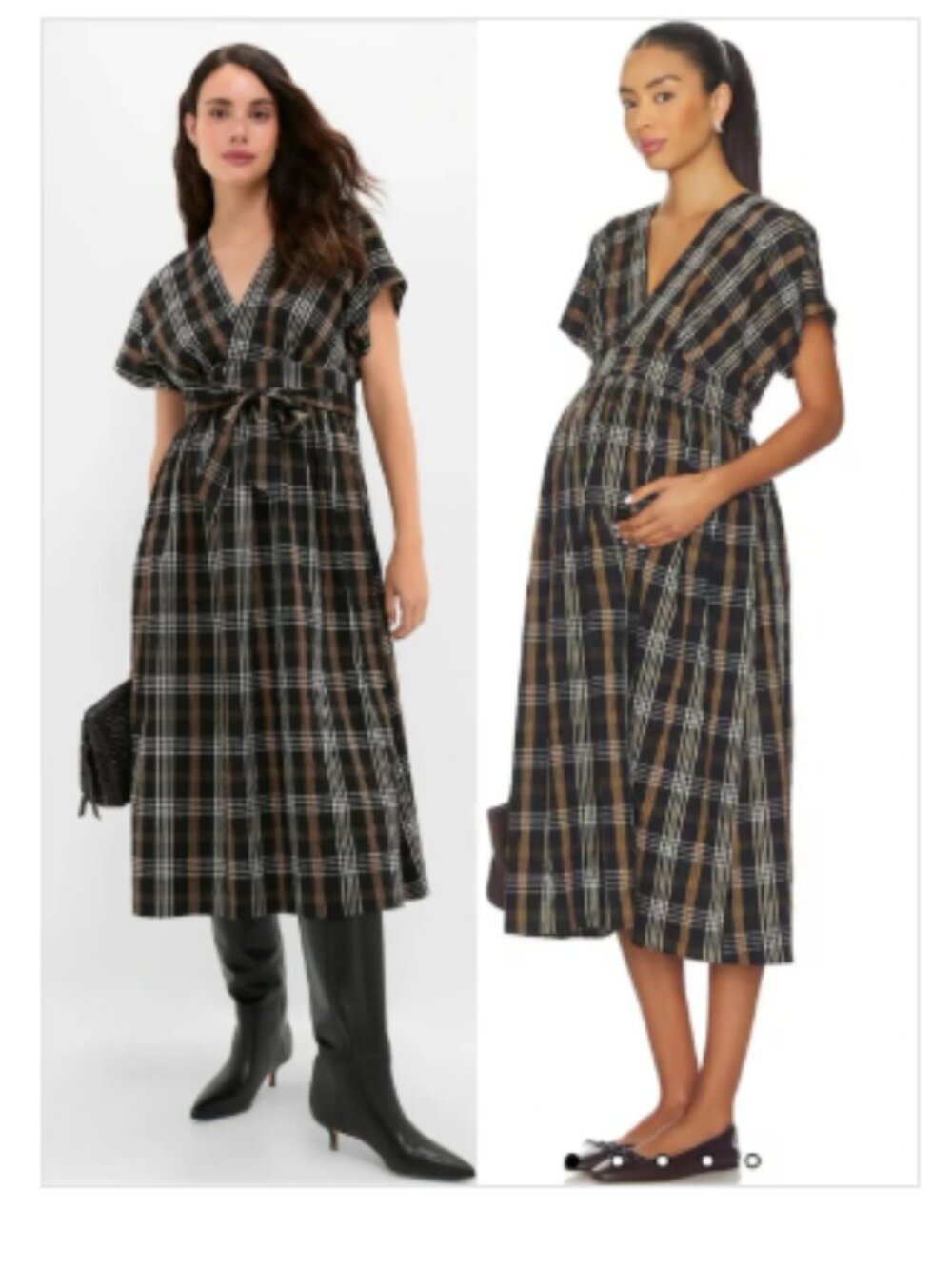 Hatch Maternity Carolina Plaid V Neck Midi Dress Black & Brown Sz 4/6